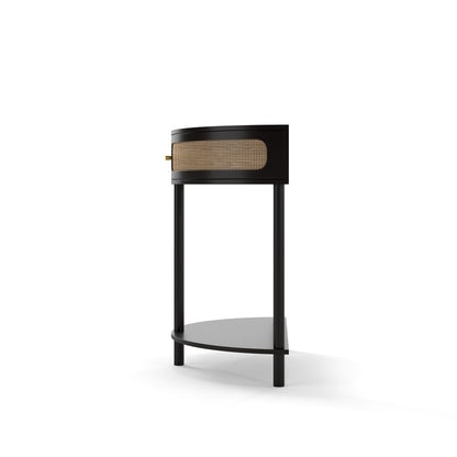 Half-Moon Console Table with Rattan Sliding Doors | Boho Semicircle Entryway Table with 2 Storage Cabinets & Bottom Shelf