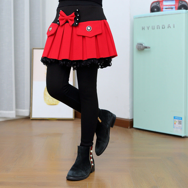 Thickened Fleece-Lined Base Leggings With Beaded Bow In Two Colors