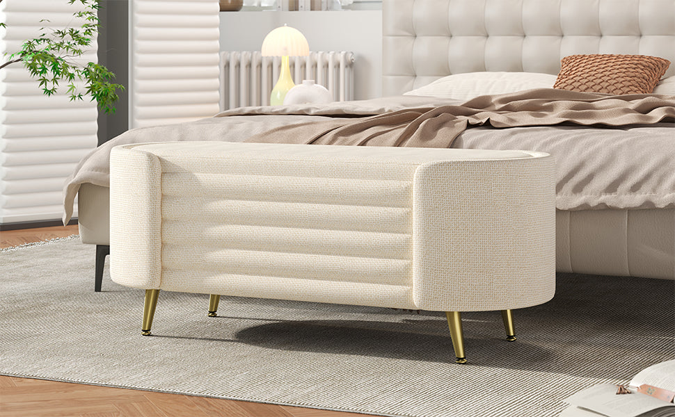 Storage Ottoman Oval Chenille Beige Metal Legs Hidden Storage 44.9x18x18 In