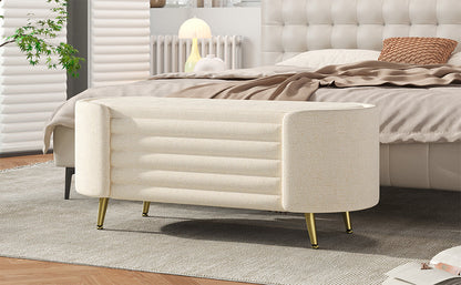 Storage Ottoman Oval Chenille Beige Metal Legs Hidden Storage 44.9x18x18 In