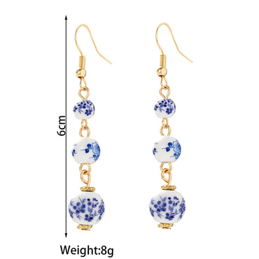 Blue and White Porcelain Bead Long Dangle Earrings
