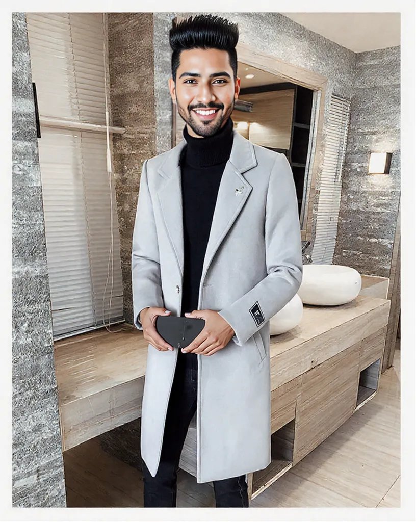 Black fashionable Winter men's long overcoat