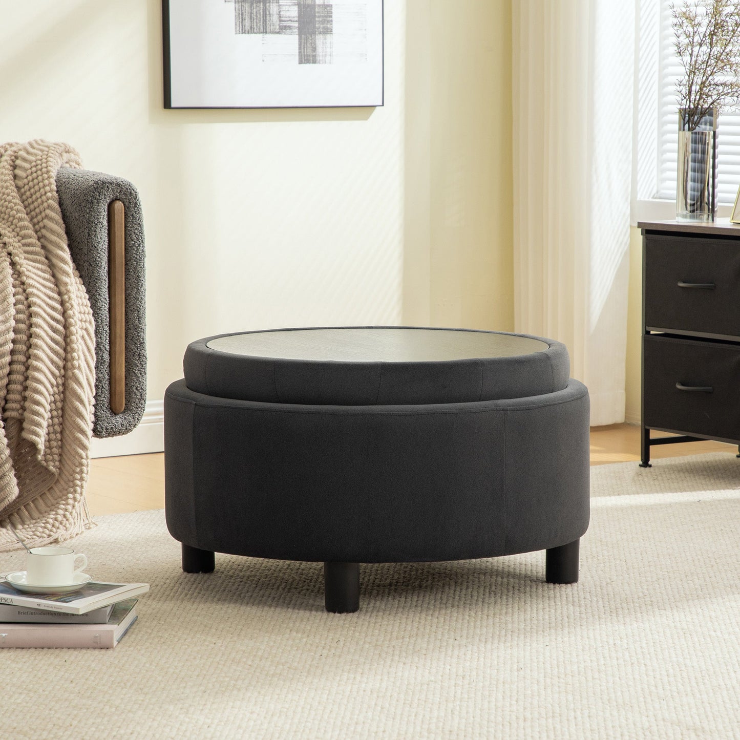 29.33' Round Upholstered Ottoman with Reversible Lid, Fleece Fabric, Gray