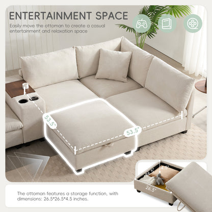 Sectional Sofa U-Shape Corduroy Beige 6 Seat Storage Ottoman USB 140 In
