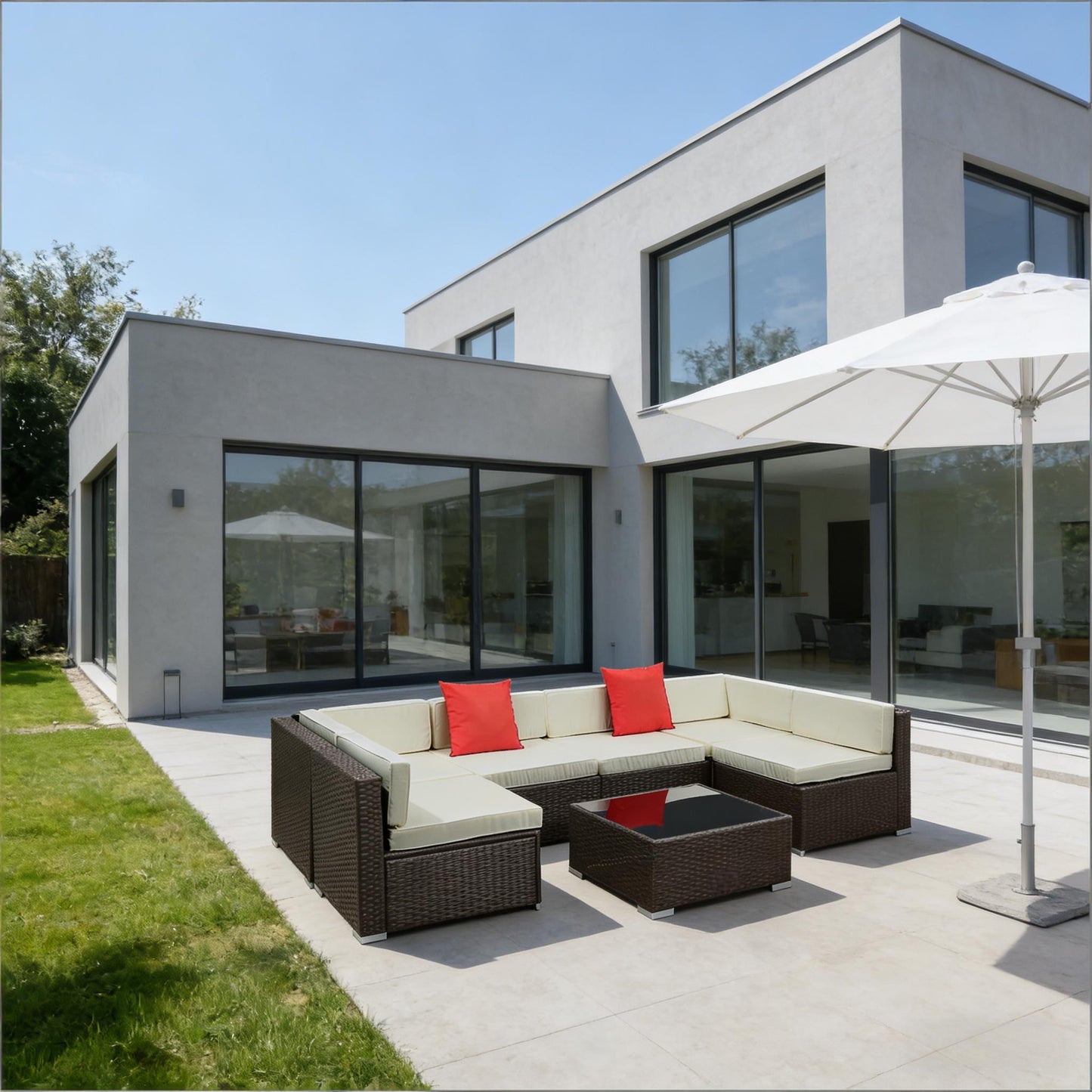 7 Piece Outdoor Sectional Set PE Rattan Beige Cushion