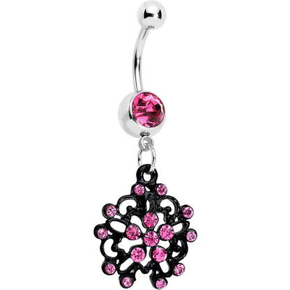 Pink Czech Stone Black Intricate Snowflake Dangle Belly Ring