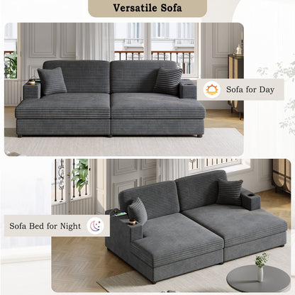 Oversized Loveseat Chaise With 2 USB Ports, 2 Cup Holders And 2 Throw Pillows