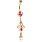 Pink Aurora Gem Faux Pearl Gold Anodized Hamsa Dangle Belly Ring