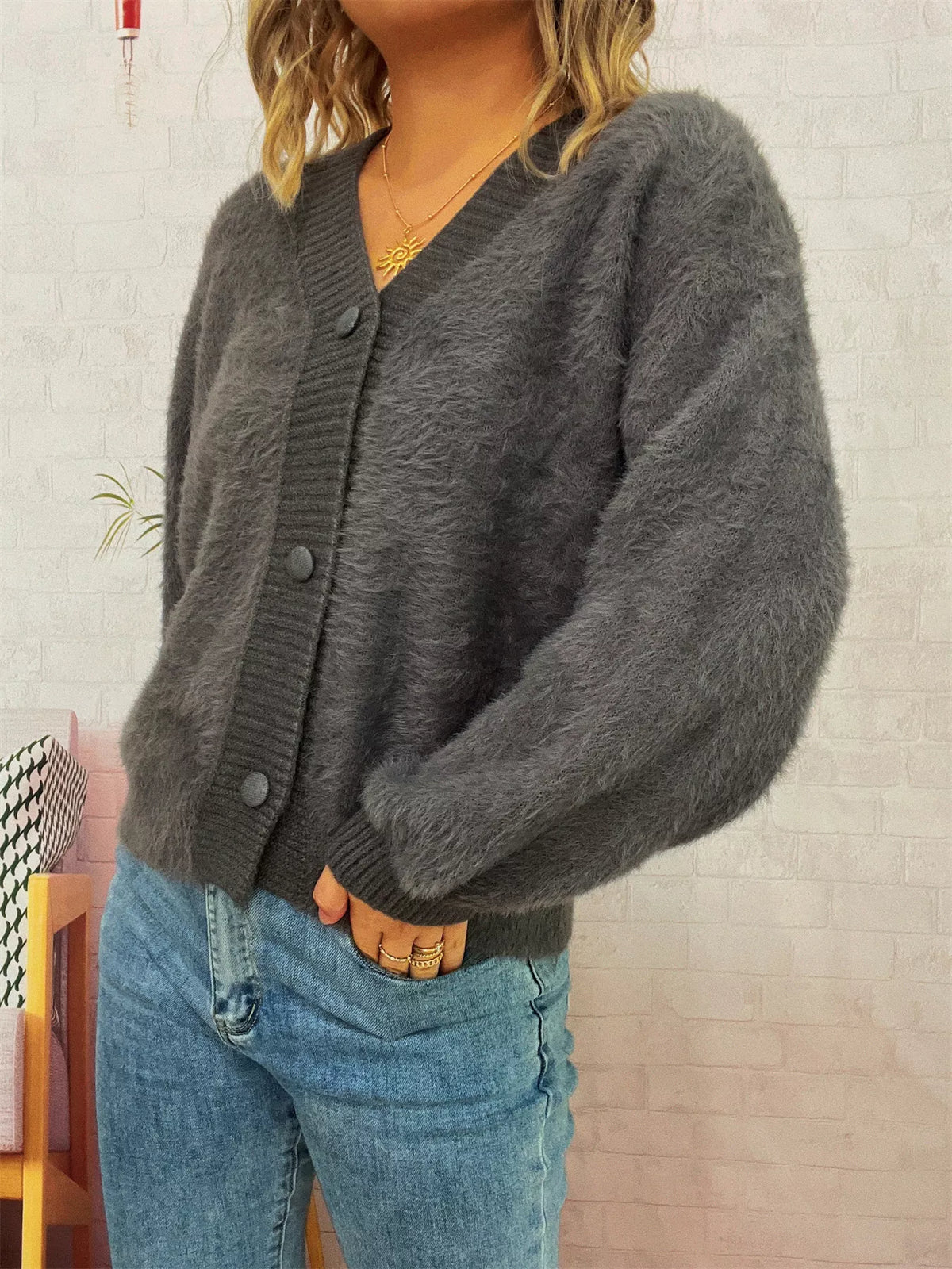 Fuzzy Button-Up Long Sleeve Cardigan