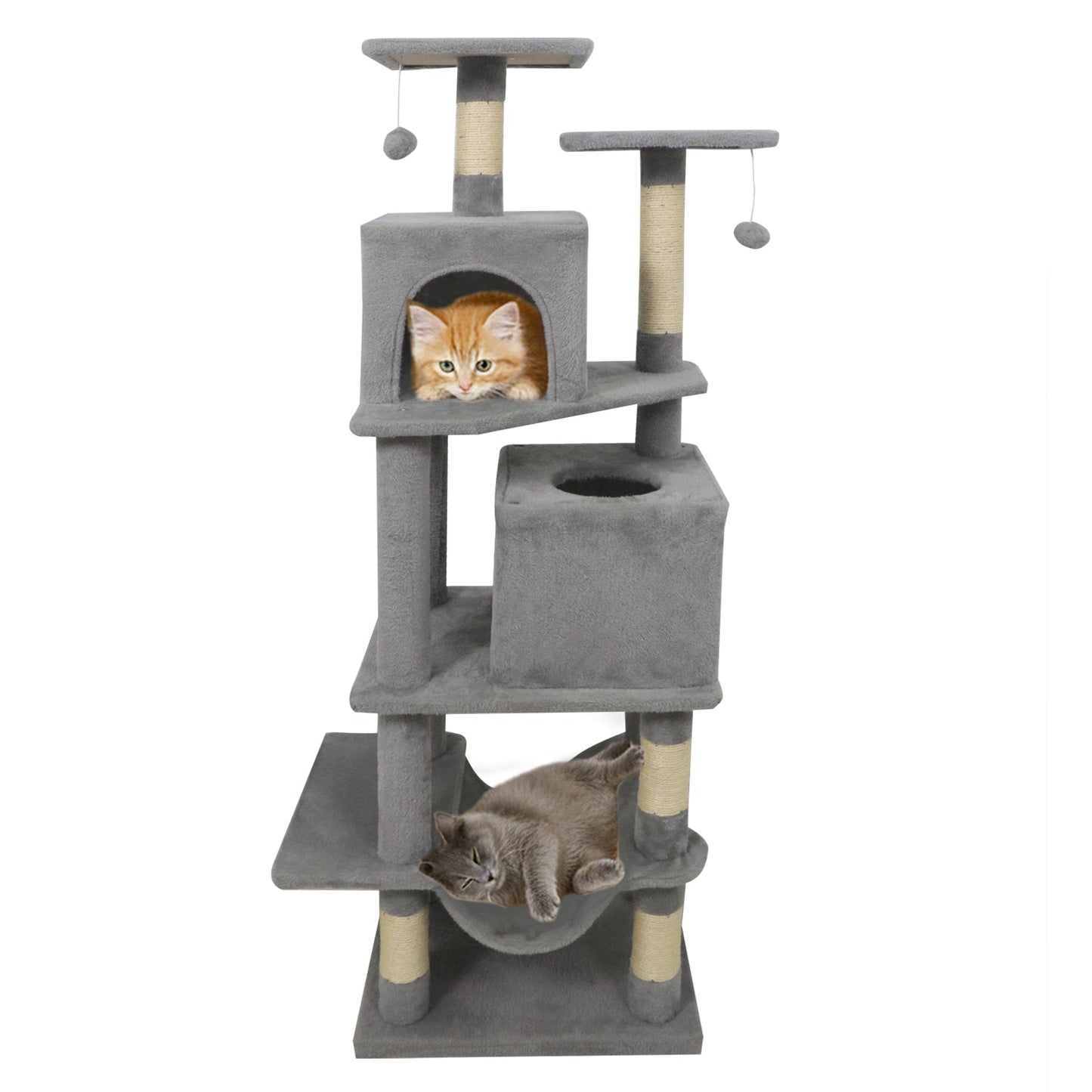 57 Inch Cat Tree with Dual Condos and Hammock and 2 Dangling Balls