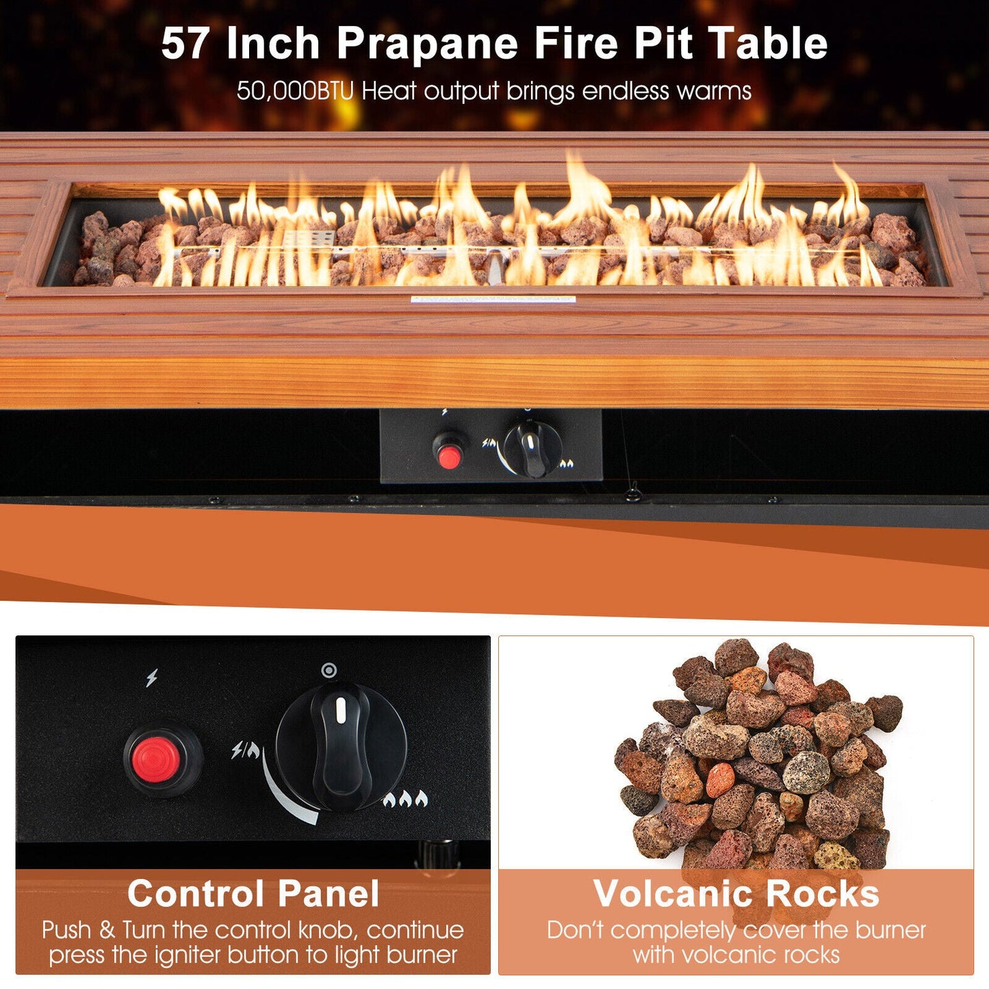 57 Inch 50 000 BTU Rectangular Propane Outdoor Fire Pit Table