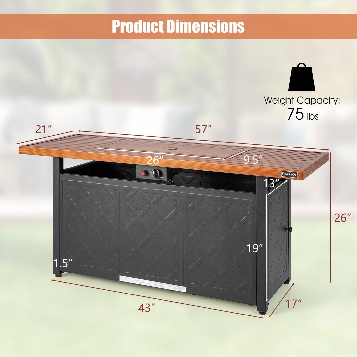 57 Inch 50 000 BTU Rectangular Propane Outdoor Fire Pit Table