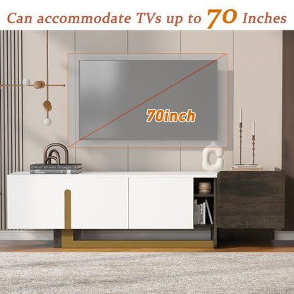 TV Stand Luxury White MDF Metal Legs Drawer 2-Cabinet Fits 70 In TV 66.7 In