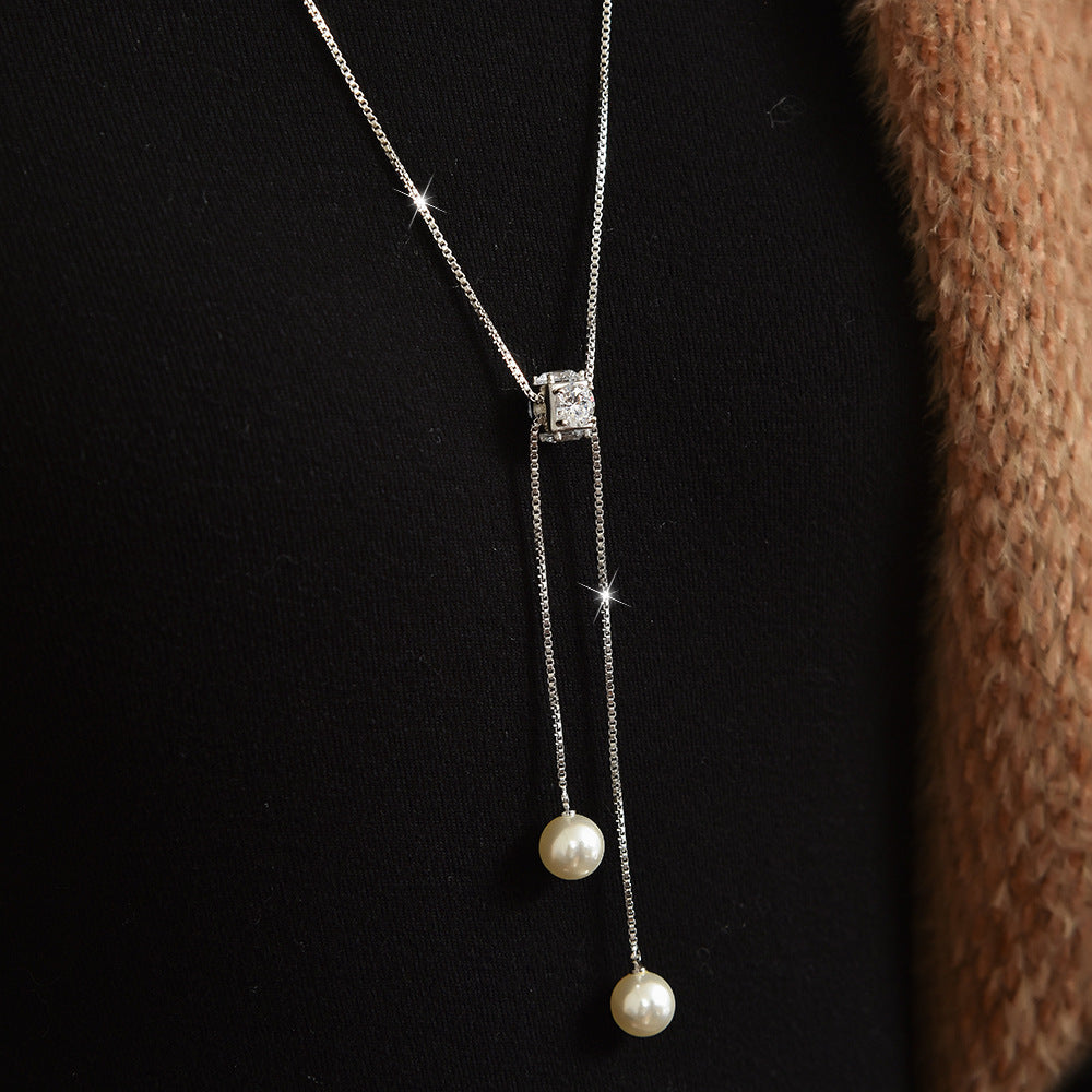 Dainty Pull Adjustable Sweater Chain For Women, Square Zircon Double Pearl Tassel Long Necklace, Elegant Minimal Autumn Winter Fashion Jewelry