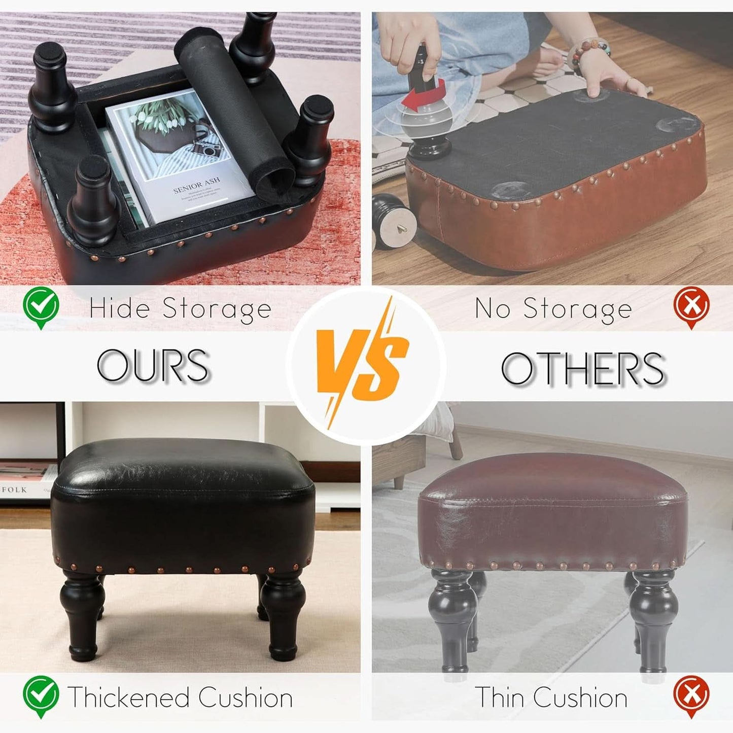 Black Leather Ottoman Footstool With Thick Padded Foam