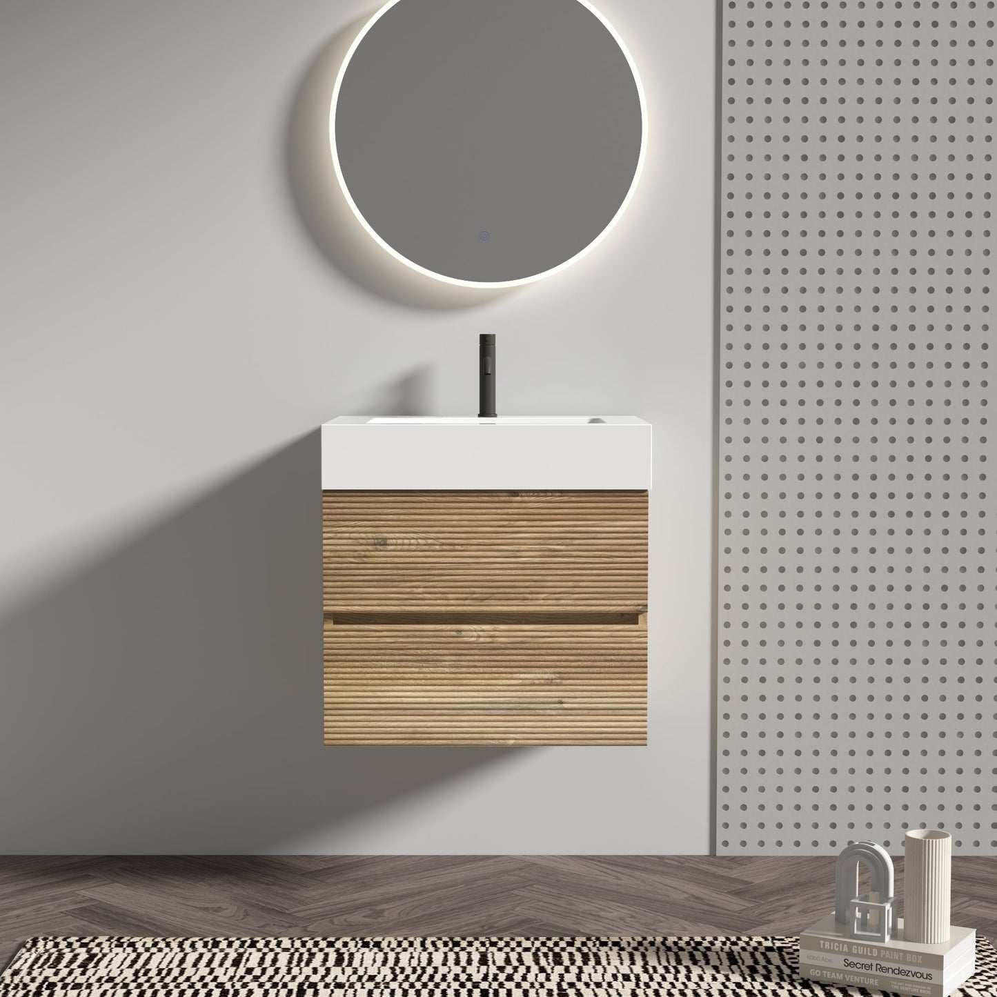 24' Rough Oak Bathroom Vanity with White Glossy Engineered Quartz Sink Soft Drawers