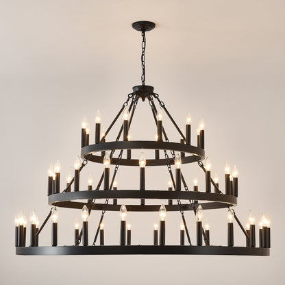 Chandelier Wagon Wheel 3-Tier 36-Light Black Metal 39.37 In Industrial