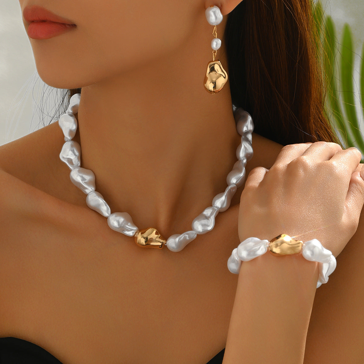 Cross-border European American Vintage Jewelry Set, Baroque Faux Pearl Necklace & Bracelet Matching Premium Versatile Earrings, Daily Women Fashion Ornaments