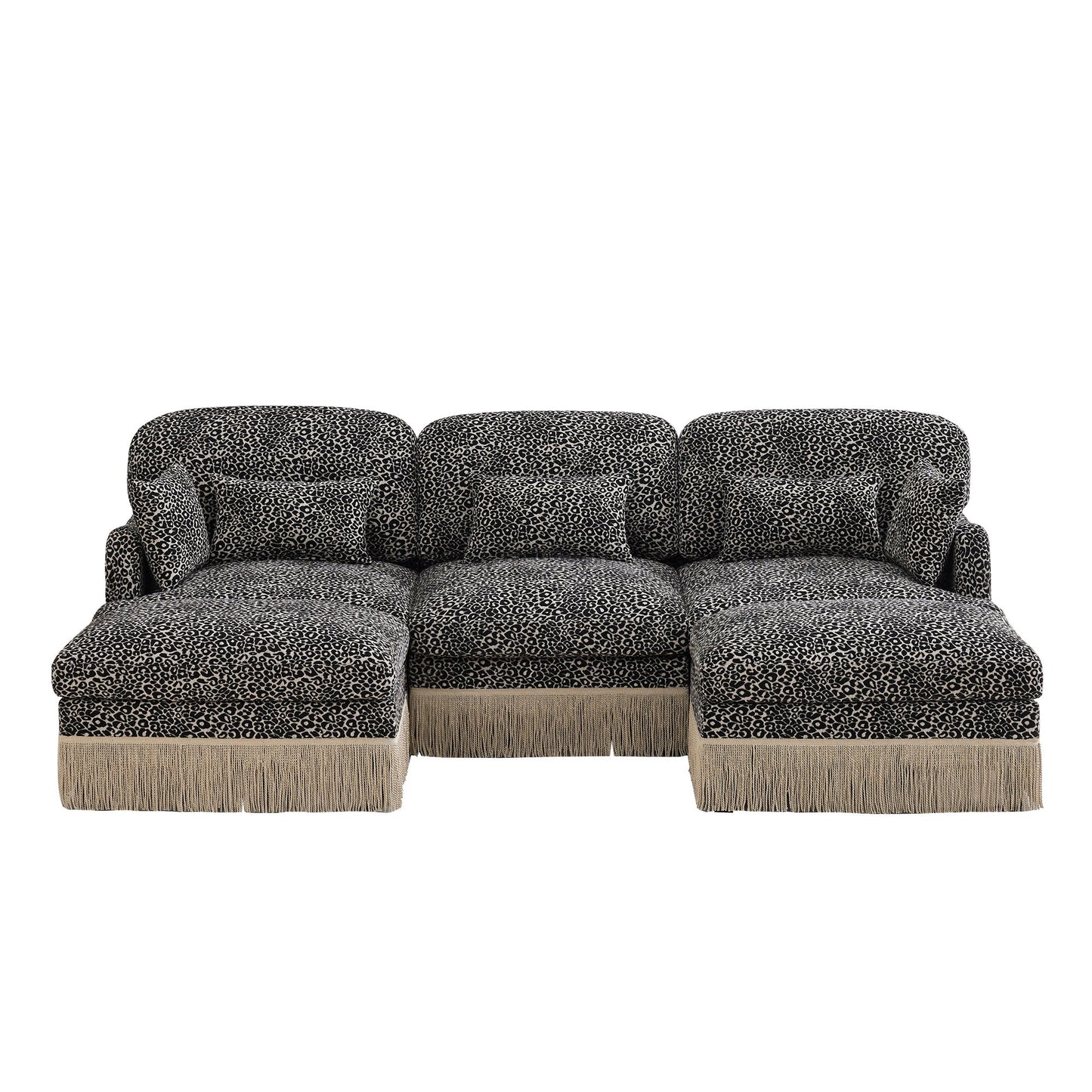Sectional Sofa Modular Chenille Leopard Print Khaki 4 Seat Deep Seat
