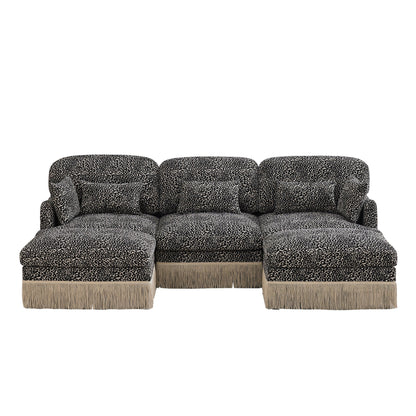 Sectional Sofa Modular Chenille Leopard Print Khaki 4 Seat Deep Seat
