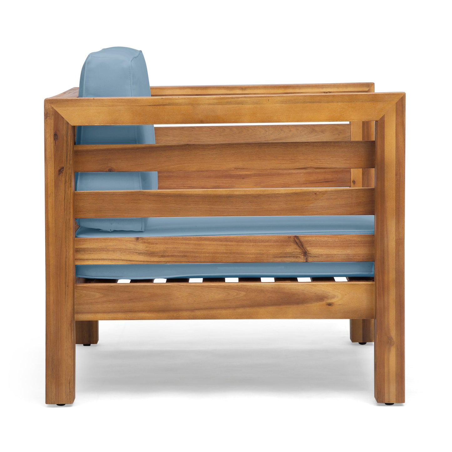 Outdoor Club Chair, Acacia Wood Patio Chair with Fabric Cushion, Teak Frame Blue Cushion