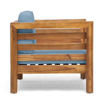 Outdoor Club Chair, Acacia Wood Patio Chair with Fabric Cushion, Teak Frame Blue Cushion