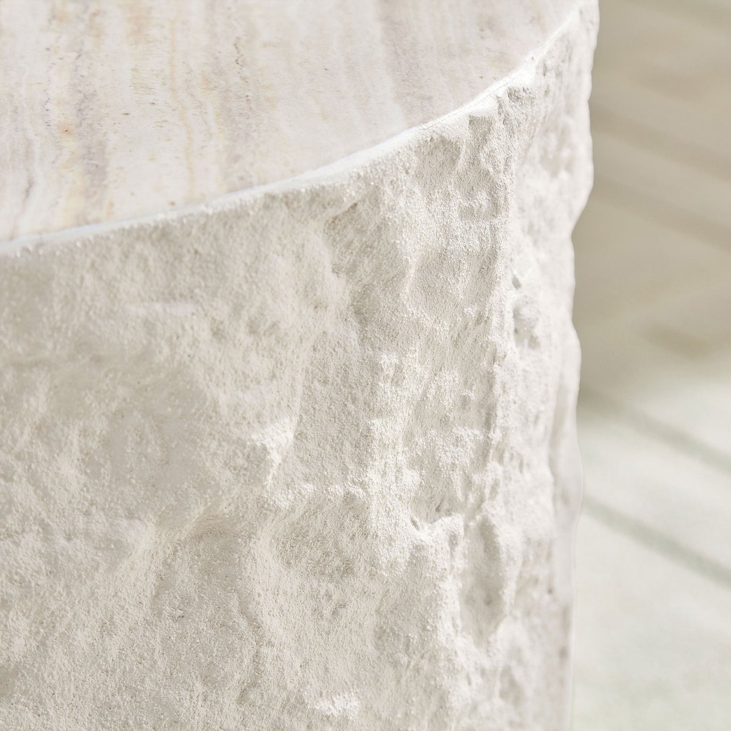 15.75 in Round Fiberglass Side Table, Imitation Stone Design, No Assembly, Beige