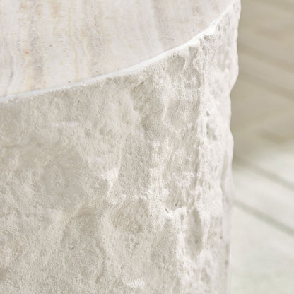 15.75 in Round Fiberglass Side Table, Imitation Stone Design, No Assembly, Beige