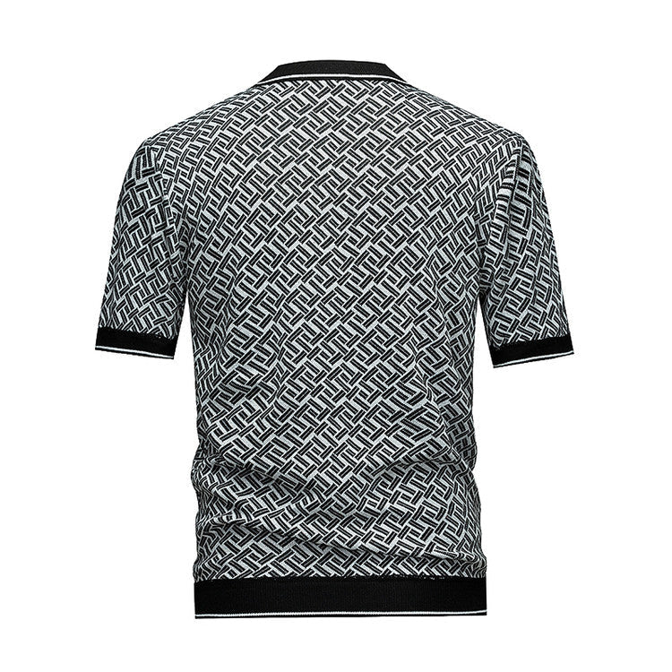 Men's Short Sleeve Knit Polo Shirt, Geometric Interwoven Pattern, Smart Casual, Black & Grey