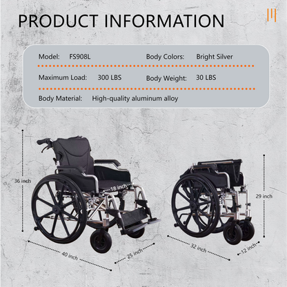 Wheelchair Manual Transport Folding Aluminum 18 In Seat 24 In Wheels Black