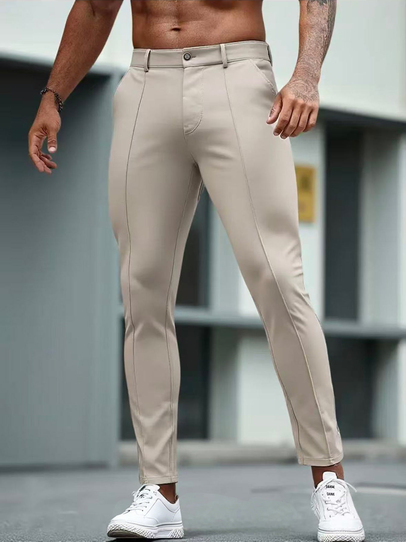 Mens Slim-Fit Solid-Color Stretch Cropped Dress Trousers