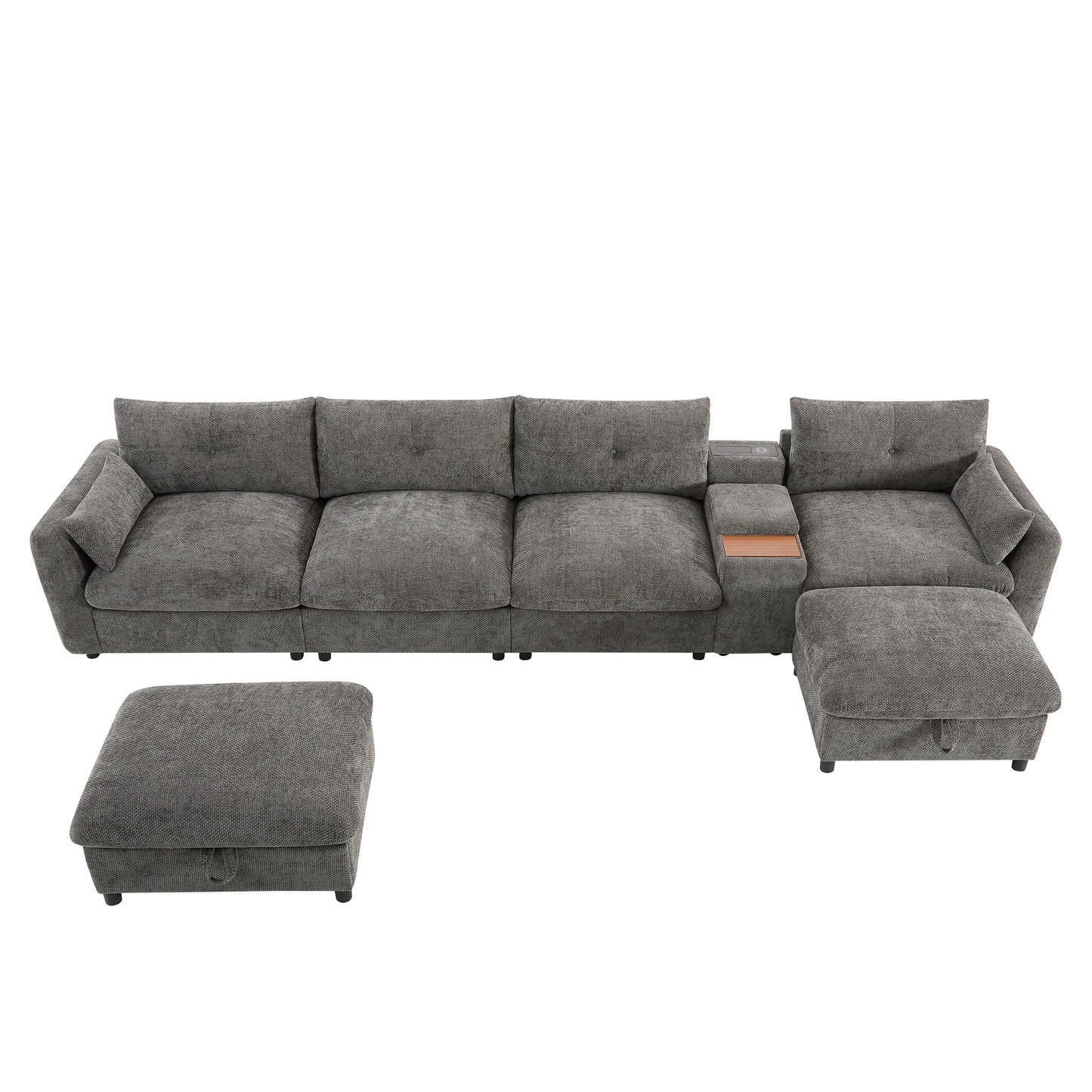 Sectional Sofa U-Shape Chenille Gray 6 Seat USB Console 136 In