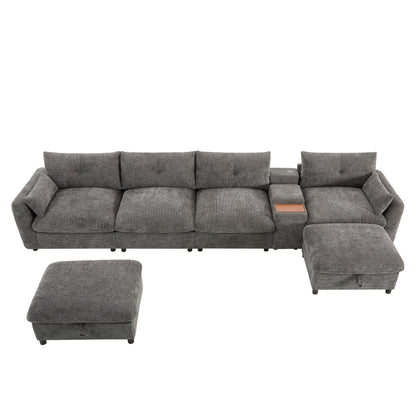 Sectional Sofa U-Shape Chenille Gray 6 Seat USB Console 136 In