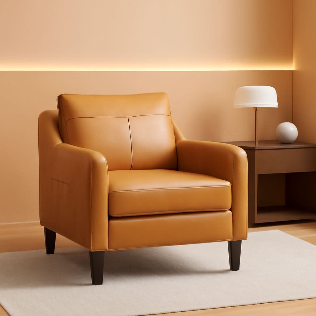 Brown PU Leather Mid Century Upholstered Armchairs