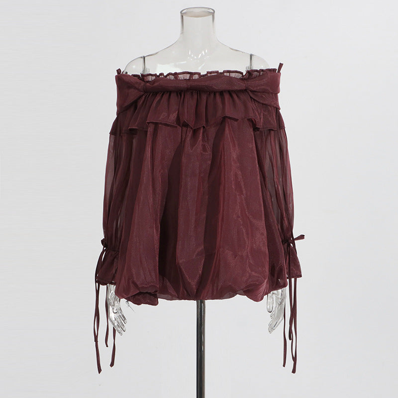 Retro Off-the-Shoulder Strap Bell-Sleeve Solid Color Chiffon Top