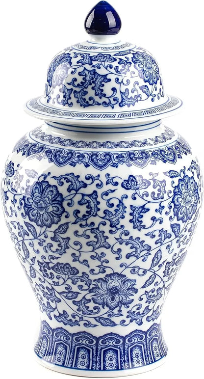 15-Inch-High Gloss Ceramic Blue White Ginger Jar Chinoiserie Decor