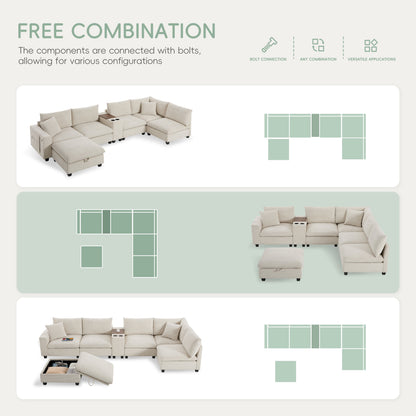Sectional Sofa U-Shape Corduroy Beige 6 Seat Storage Ottoman USB 140 In