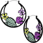 Pink Purple Green Floral Bouquet Black Tunnel Hoop Earrings