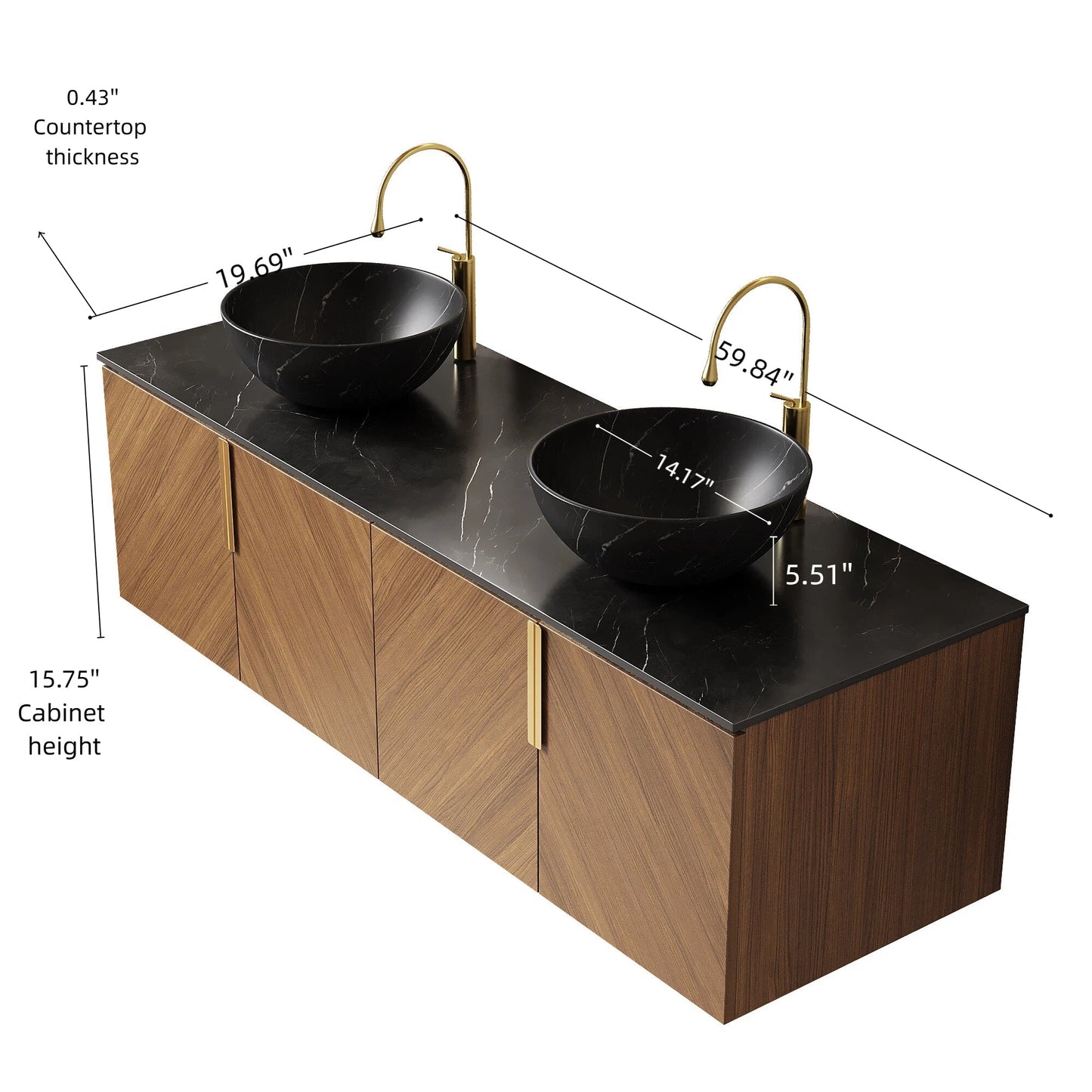 60' Bathroom Vanity with Sinks, Floating Plywood 4 Doors Black Bowl Ceramic Basins