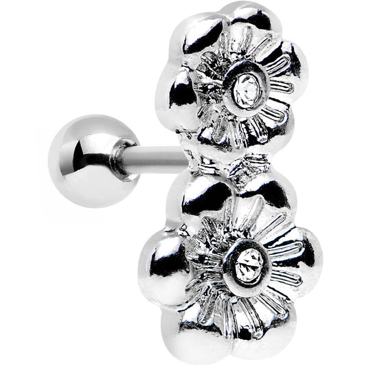 16G 1/4 Clear Gem Steel Double Flower Tragus Cartilage Earring