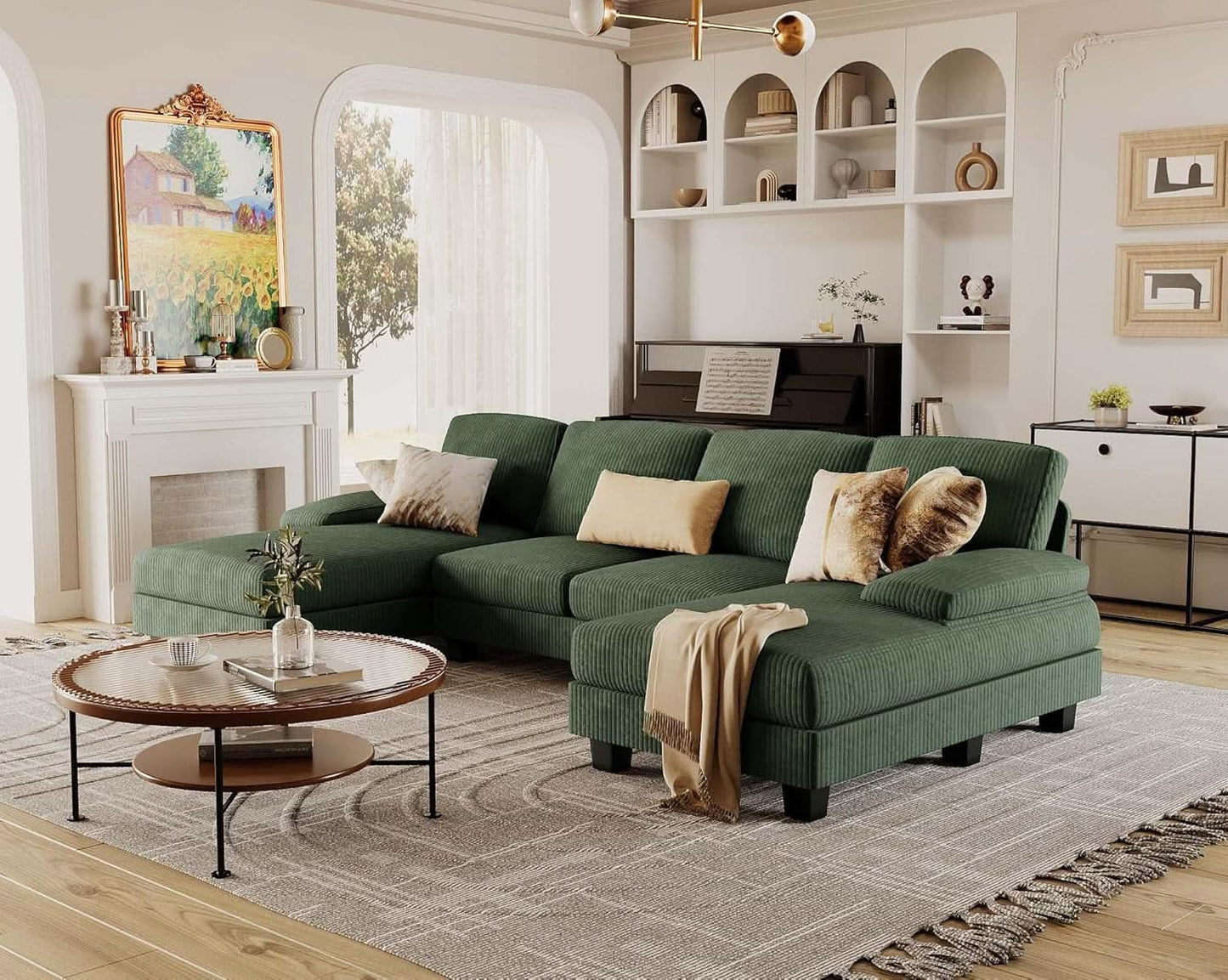 Dark Green Corduroy U Shaped Sectional Sofa 4 Seat Chaise