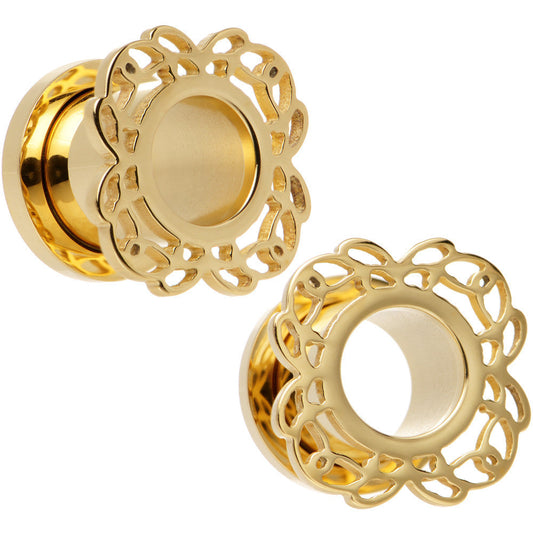 00G Gold PVD Filigree Flower Screw Fit Tunnel Plug Set
