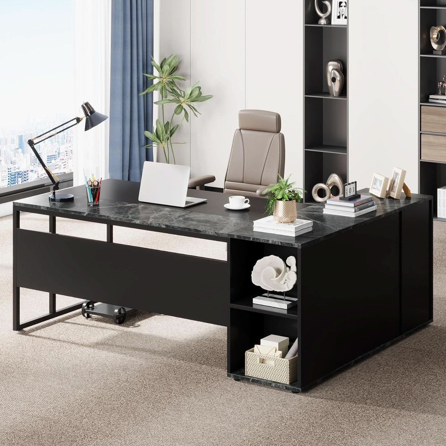 71 Inch Black L Shaped Executive Desk With Storage