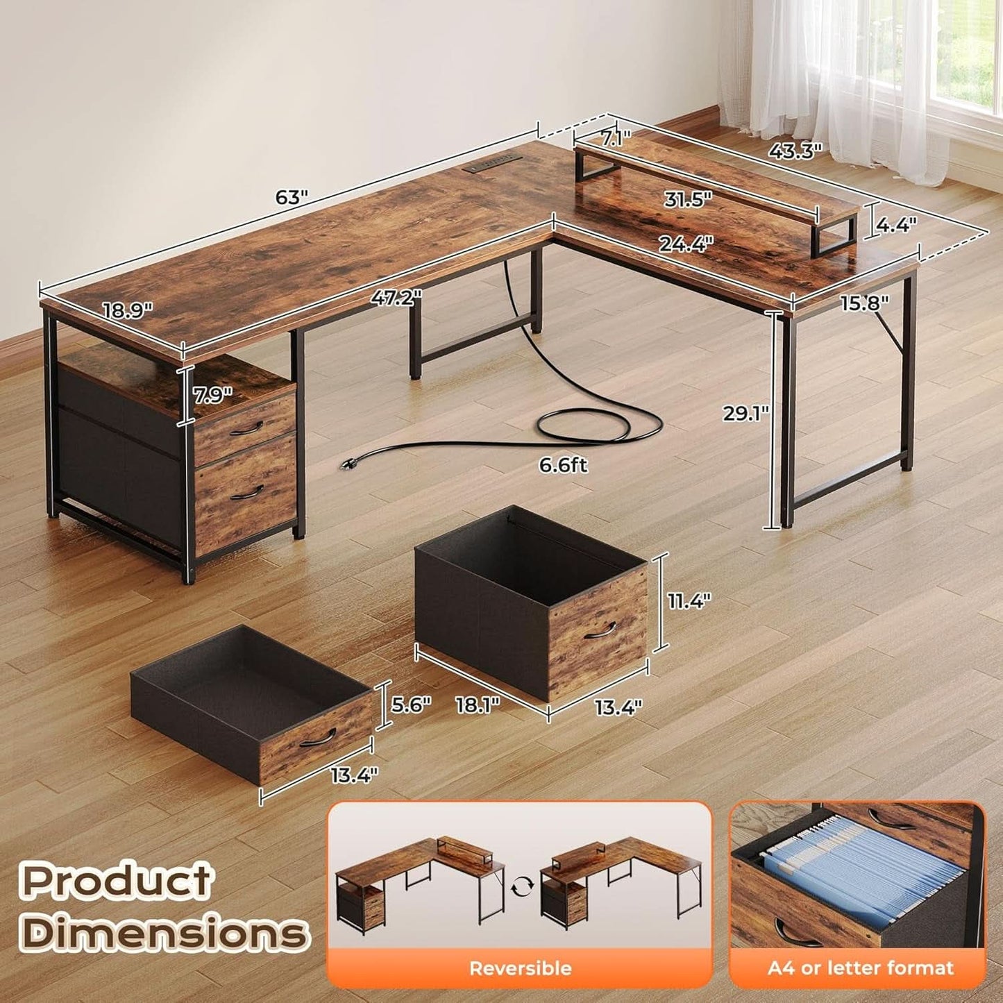 Sixty Three Inch L Shaped Desk USB Port Ergonomic Workspace