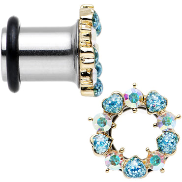 0G Aurora and Aqua Gem Heart Wreath Single Flare Tunnel Plug Set