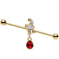 14G Clear CZ Red Gem Gold Anodized Dangle Industrial Barbell 38mm