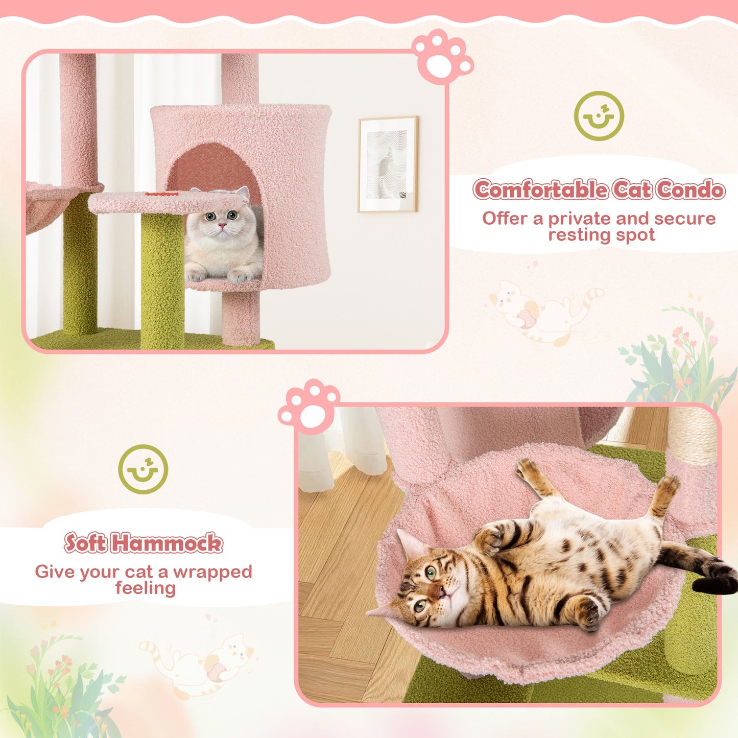 58 Inch Tall Multi-Level Cat Tree Aesthetic Floral Kitten Tower-Pink