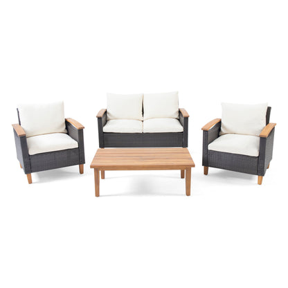 Outdoor Patio Set PE Rattan Acacia Wood Teak Cushions 4 Piece