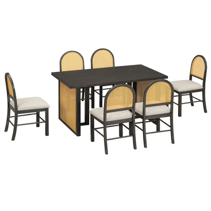 7-Piece Farmhouse Dining Table Set for 6, 59.8 in Rectangular Table with Rattan Chairs