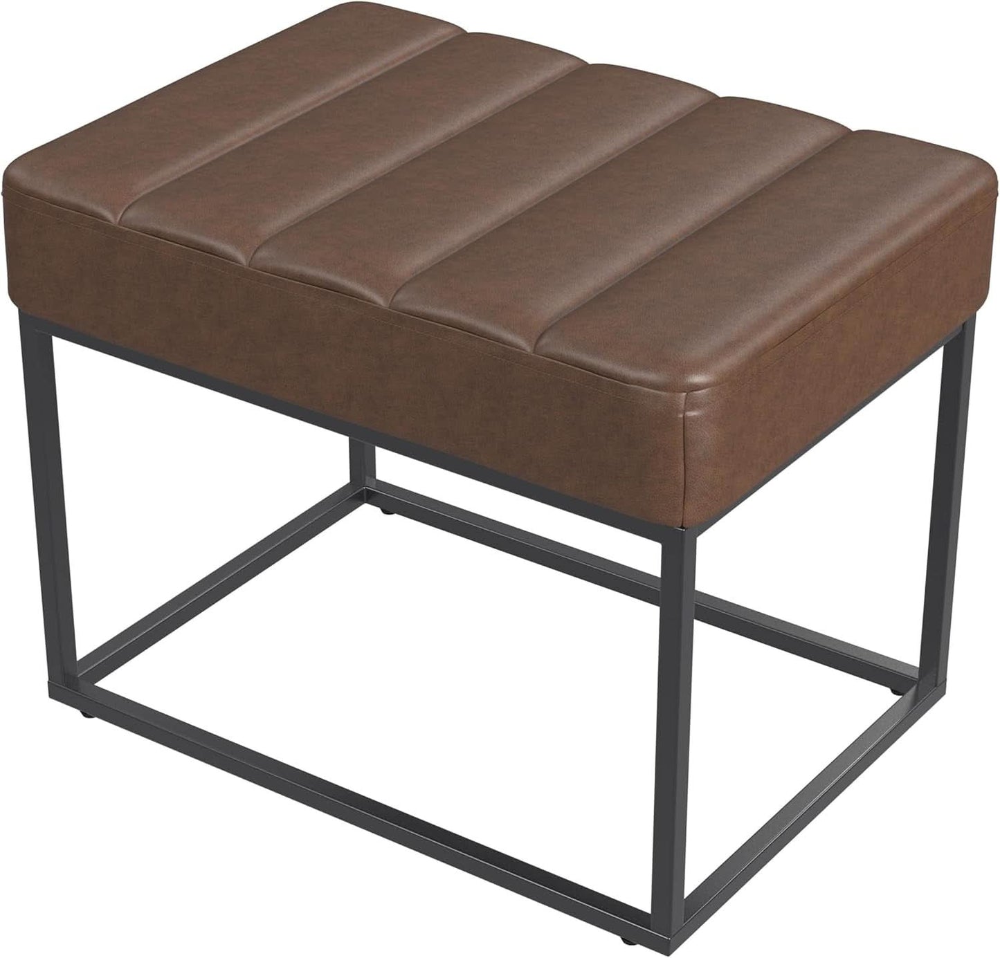 Small Brown Faux Leatherette Channel Tufted Ottoman